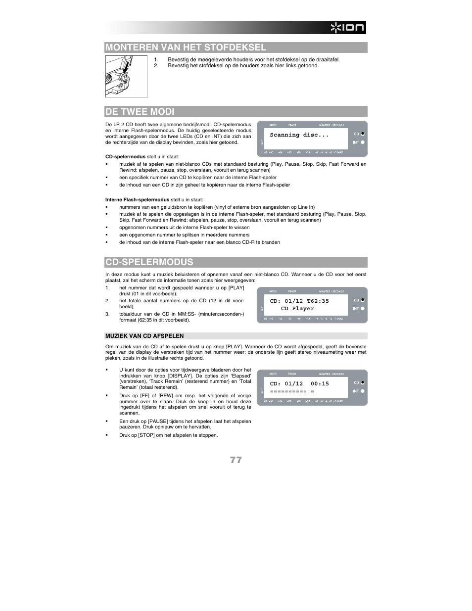 Monteren van het stofdeksel, De twee modi, Cd-spelermodus | 77 monteren van het stofdeksel | ION Audio LP 2 CD User Manual | Page 79 / 92