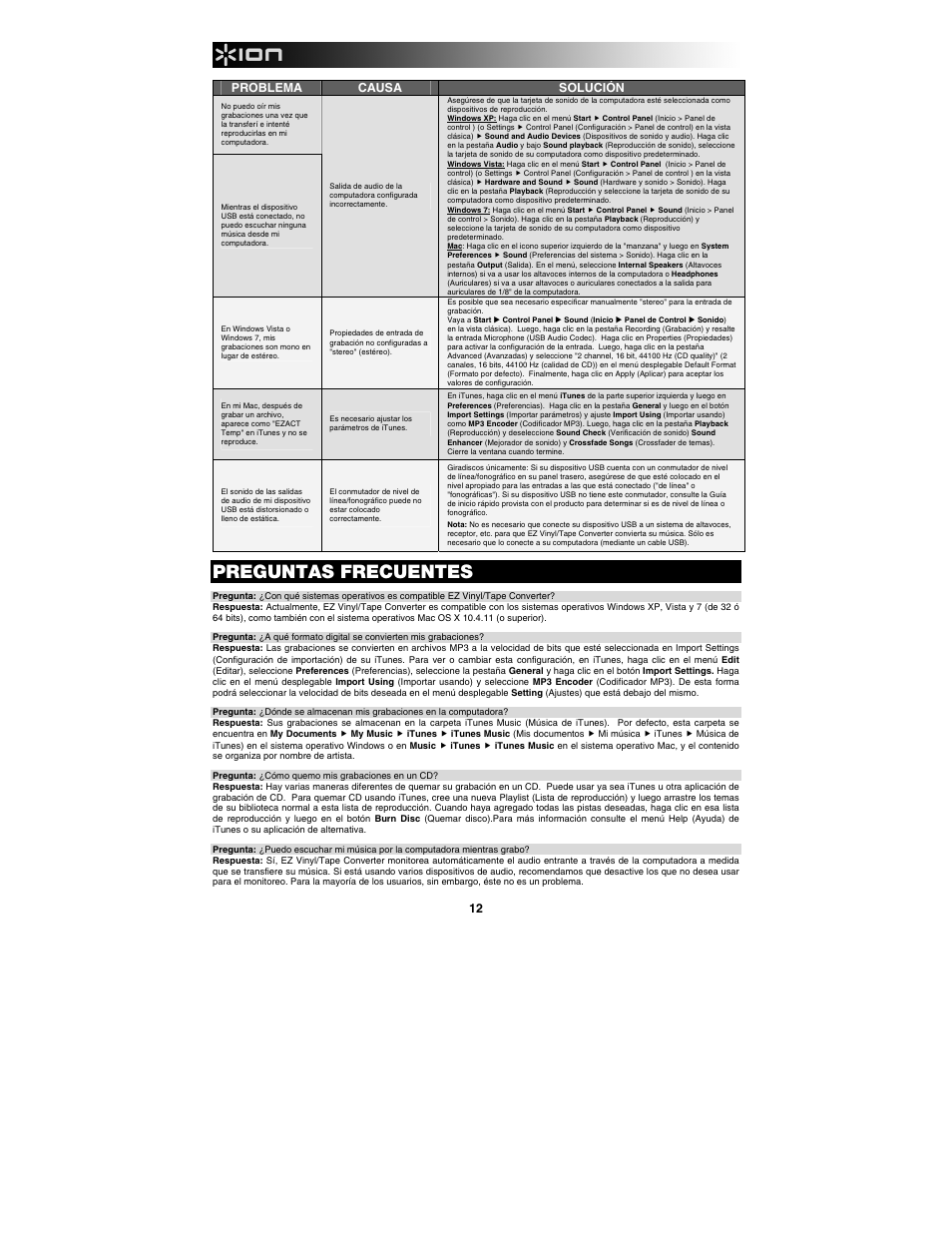 Preguntas frecuentes, Problema causa solución | ION Audio Tape Express + User Manual | Page 12 / 44