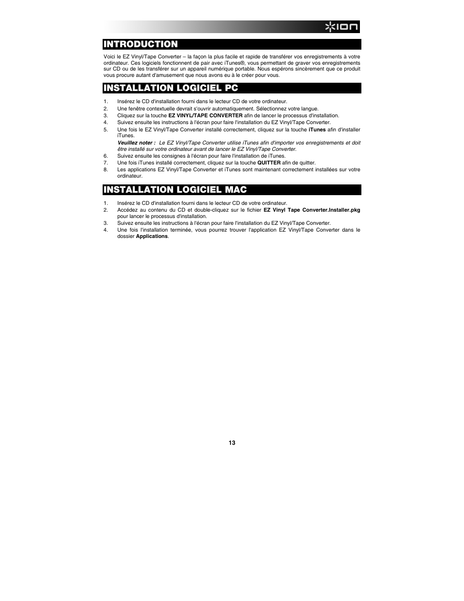 Français, Introduction, Installation logiciel pc | Installation logiciel mac | ION Audio Tape Express + User Manual | Page 13 / 44