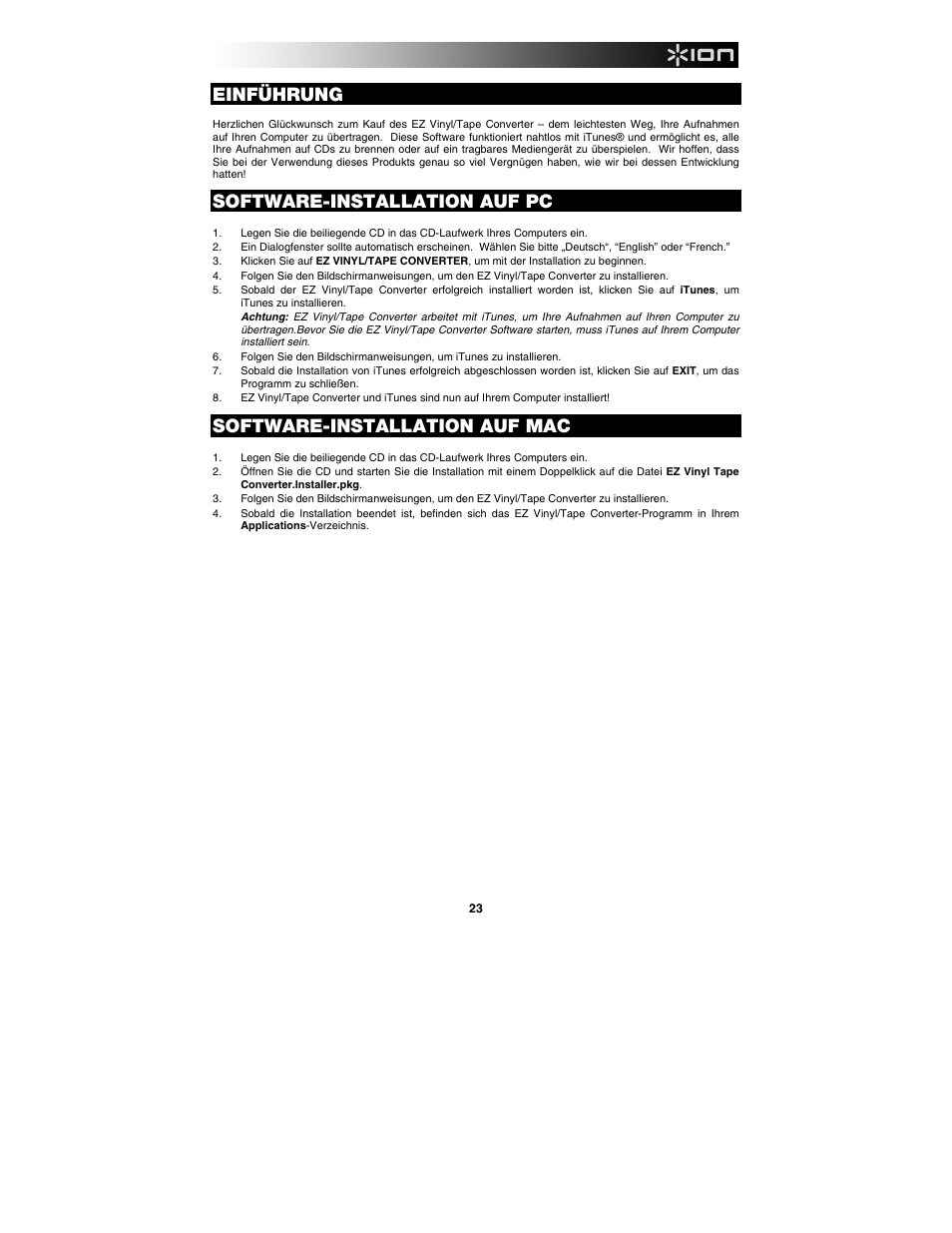 Deutsch, Einführung, Software-installation auf pc | Software-installation auf mac | ION Audio Tape Express + User Manual | Page 23 / 44