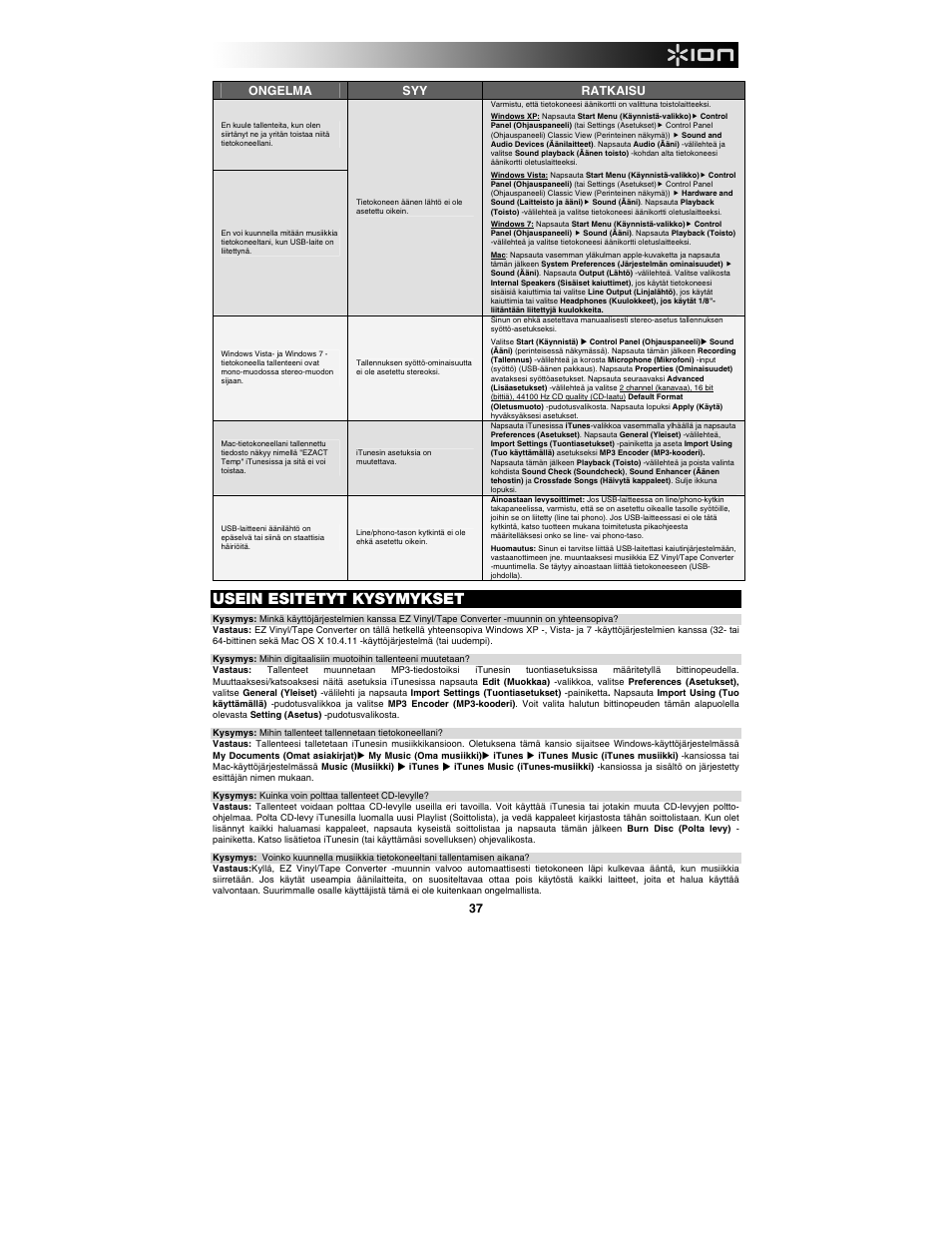 Usein esitetyt kysymykset, Ongelma syy ratkaisu | ION Audio Tape Express + User Manual | Page 37 / 44