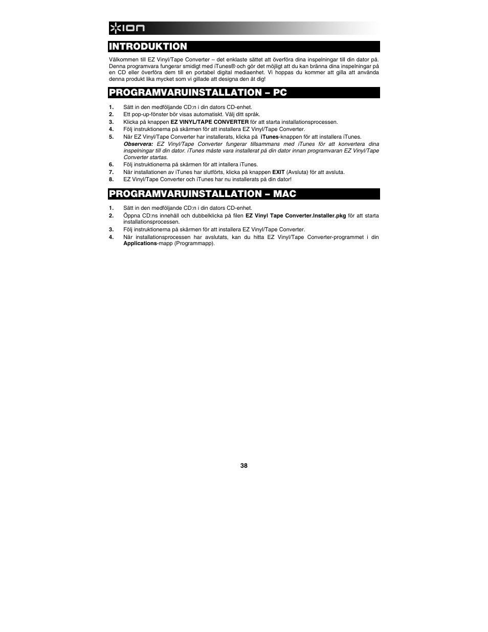 Svenska, Introduktion, Programvaruinstallation – pc | Programvaruinstallation – mac | ION Audio Tape Express + User Manual | Page 38 / 44