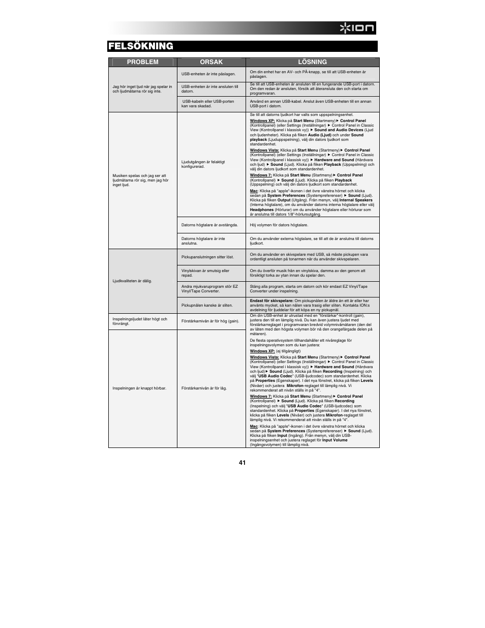 Felsökning, Problem orsak lösning | ION Audio Tape Express + User Manual | Page 41 / 44