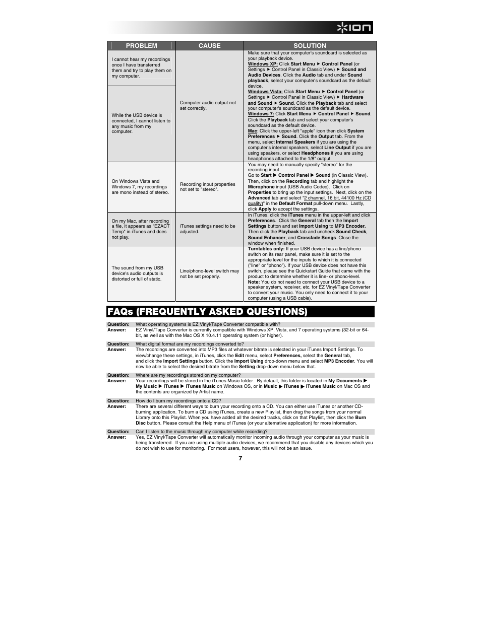 Faqs (frequently asked questions) | ION Audio Tape Express + User Manual | Page 7 / 44