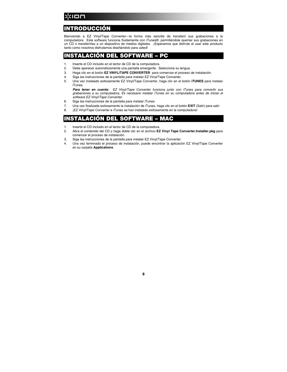 Español, Introducción, Instalación del software – pc | Instalación del software – mac | ION Audio Tape Express + User Manual | Page 8 / 44
