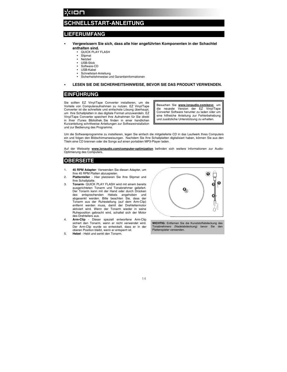 Schnellstart-anleitung, Lieferumfang, Einführung | Oberseite | ION Audio Quick Play Flash User Manual | Page 14 / 20