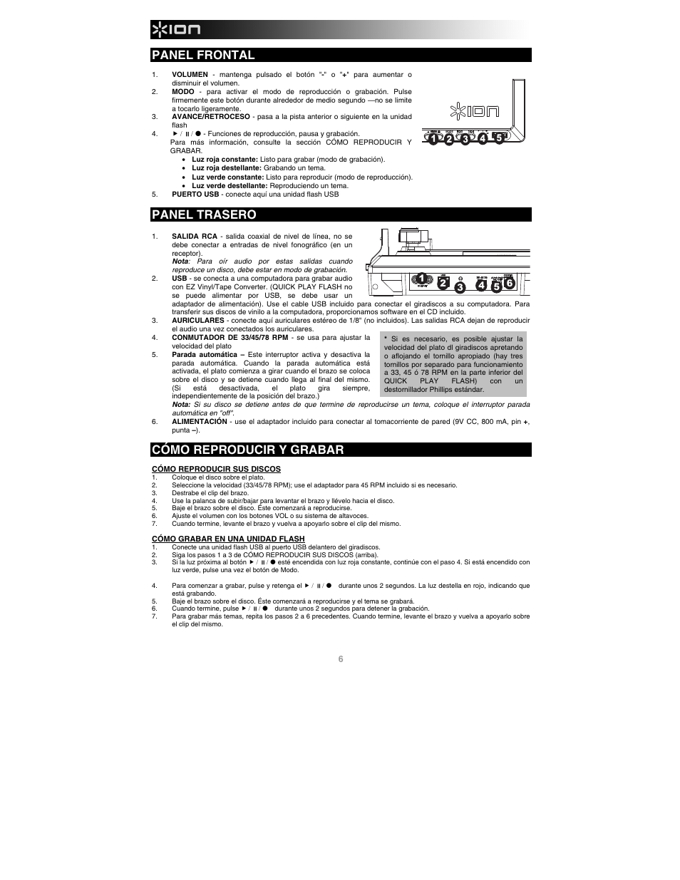 Panel frontal, Panel trasero, Cómo reproducir y grabar | ION Audio Quick Play Flash User Manual | Page 6 / 20