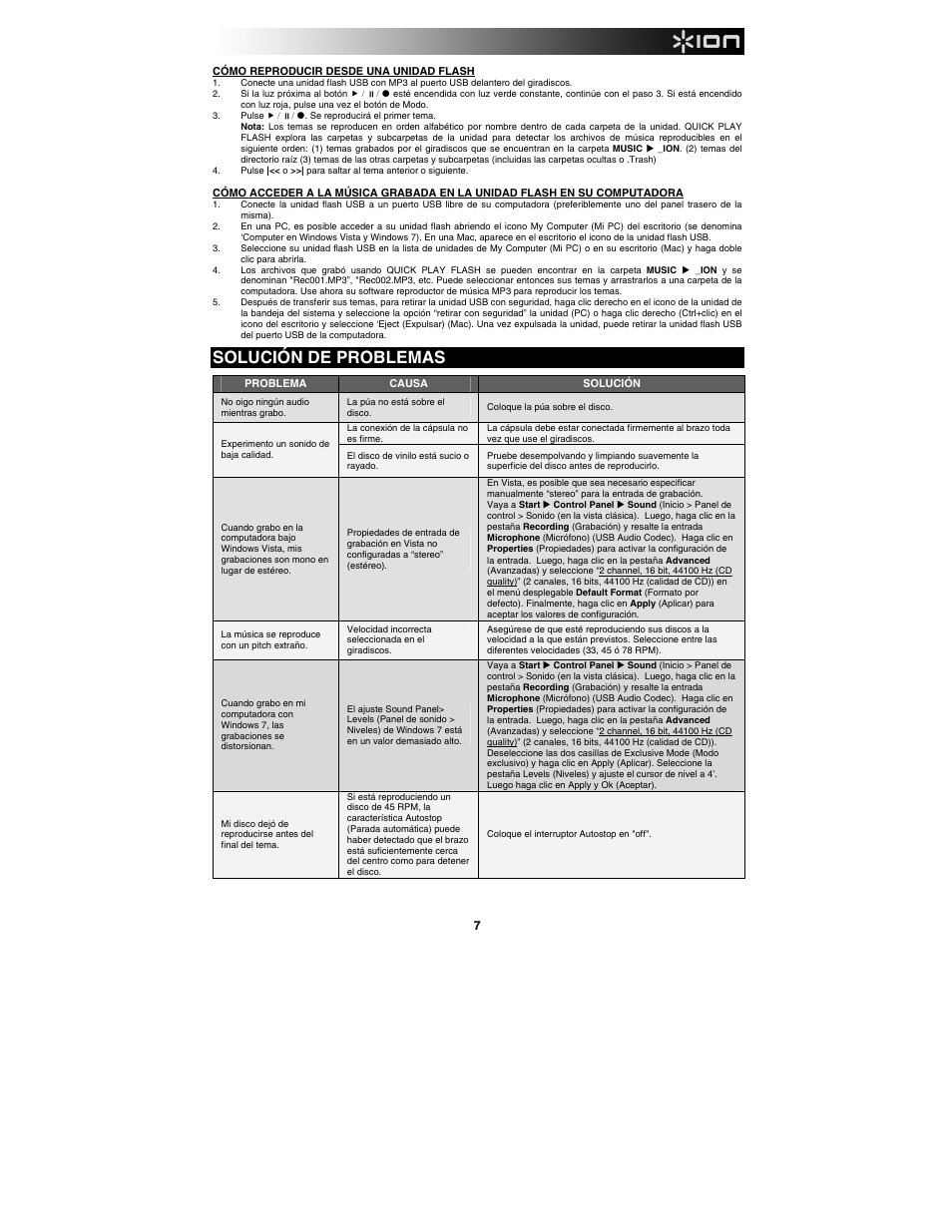 Solución de problemas | ION Audio Quick Play Flash User Manual | Page 7 / 20