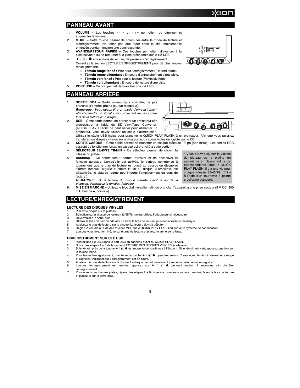 Panneau avant, Panneau arrière, Lecture/enregistrement | ION Audio Quick Play Flash User Manual | Page 9 / 20