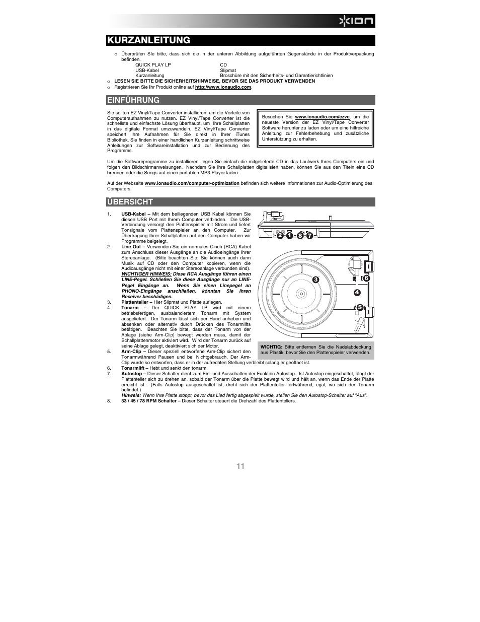 Kurzanleitung, Einführung, Übersicht | ION Audio Quick Play LP User Manual | Page 11 / 16
