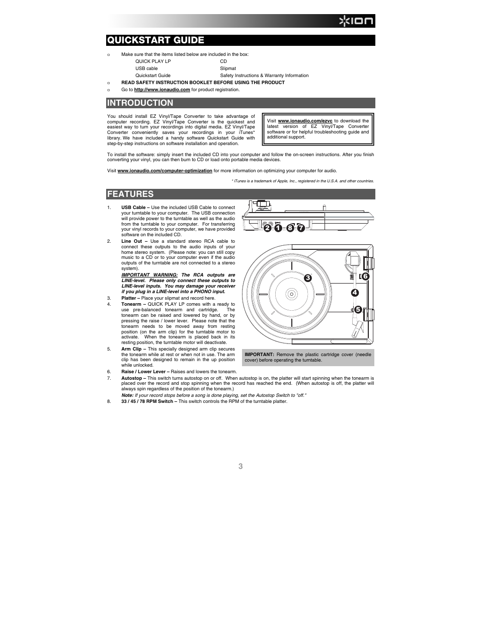 Quickstart guide, Introduction, Features | ION Audio Quick Play LP User Manual | Page 3 / 16