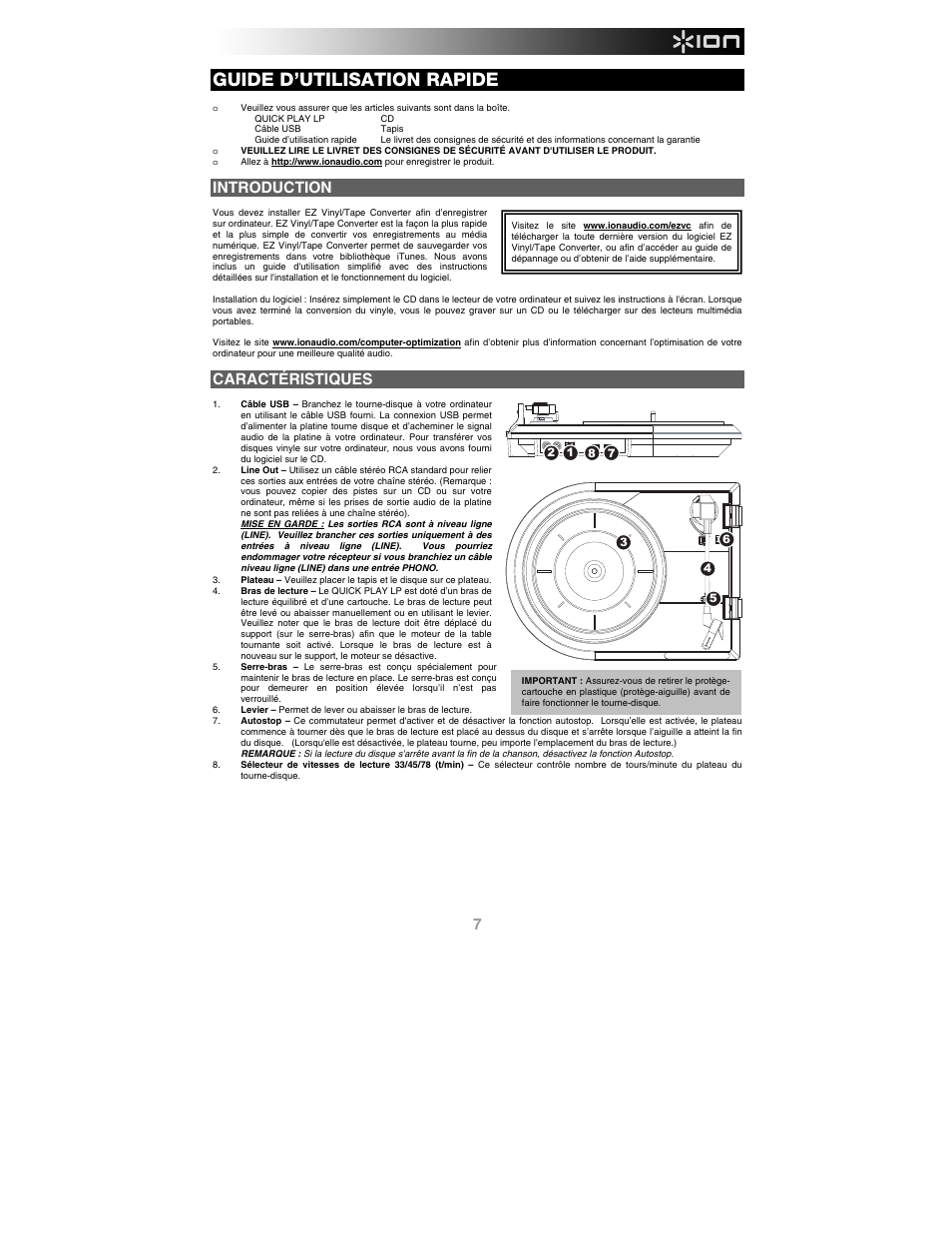 Guide d’utilisation rapide, Introduction, Caractéristiques | ION Audio Quick Play LP User Manual | Page 7 / 16