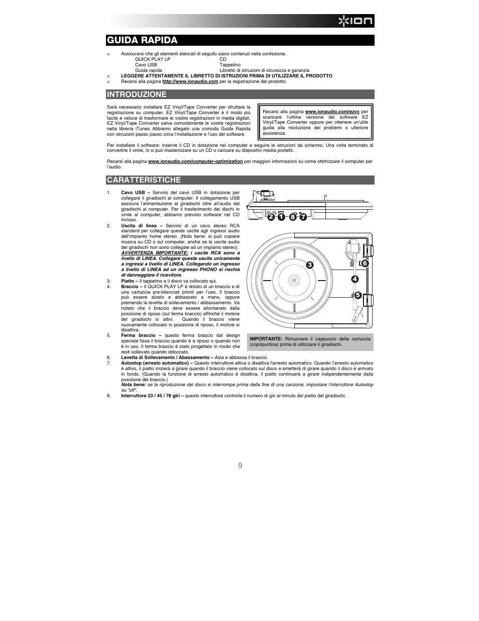 Guida rapida, Introduzione, Caratteristiche | ION Audio Quick Play LP User Manual | Page 9 / 16