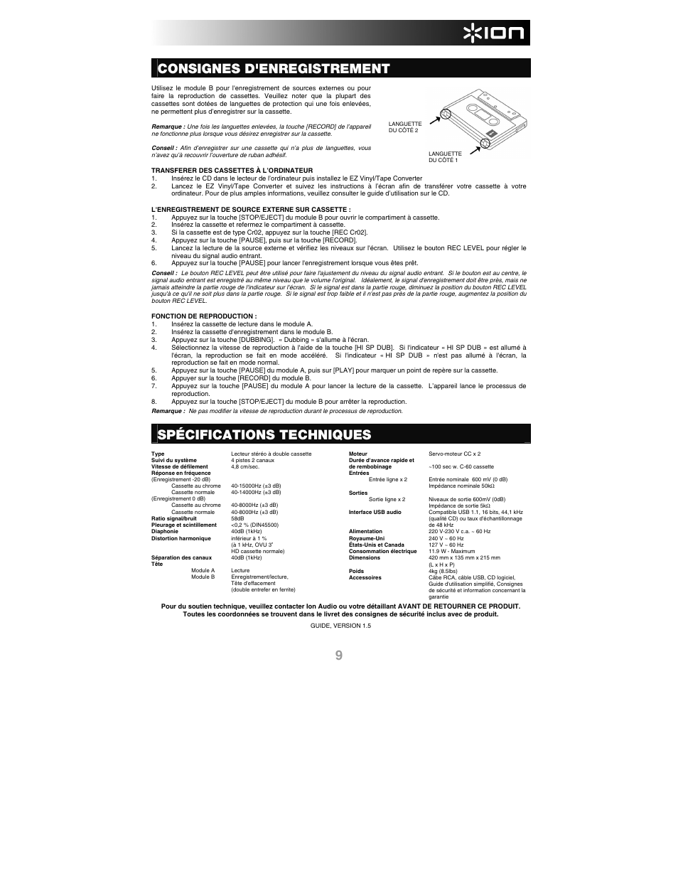 Consignes d'enregistrement, Spécifications techniques | ION Audio Tape 2 PC User Manual | Page 11 / 24