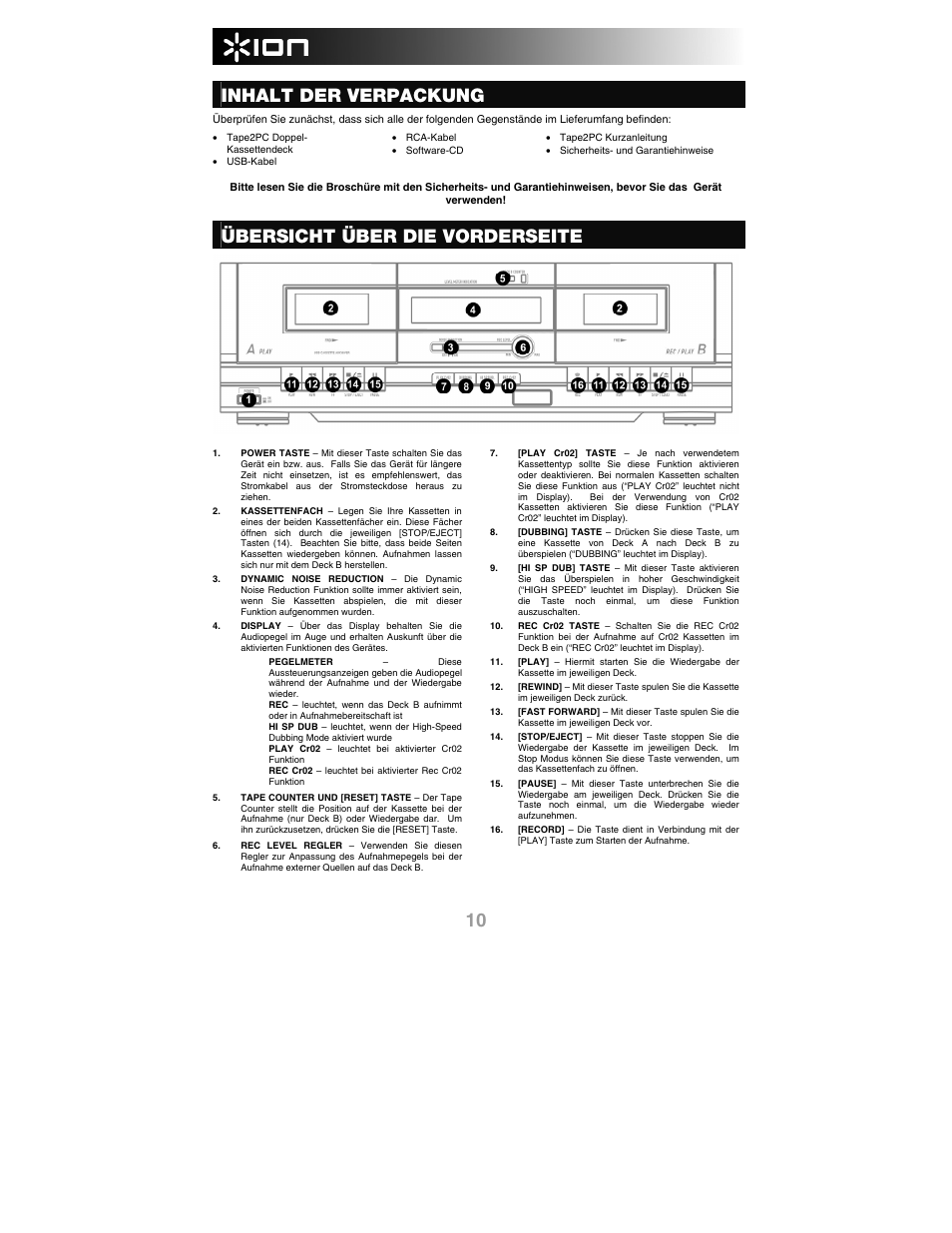 Deutsch, Inhalt der verpackung, Übersicht über die vorderseite | ION Audio Tape 2 PC User Manual | Page 12 / 24