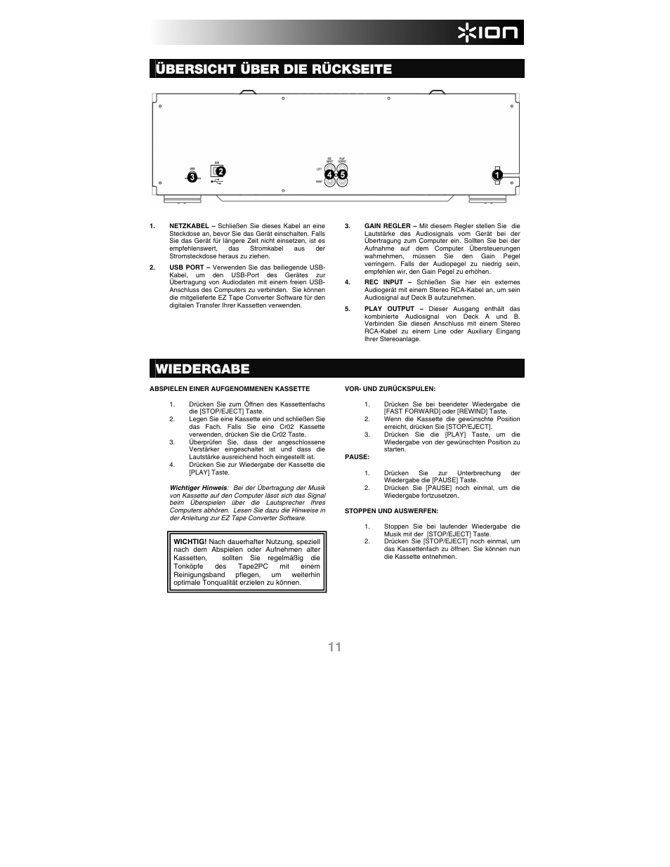 Übersicht über die rückseite, Wiedergabe | ION Audio Tape 2 PC User Manual | Page 13 / 24