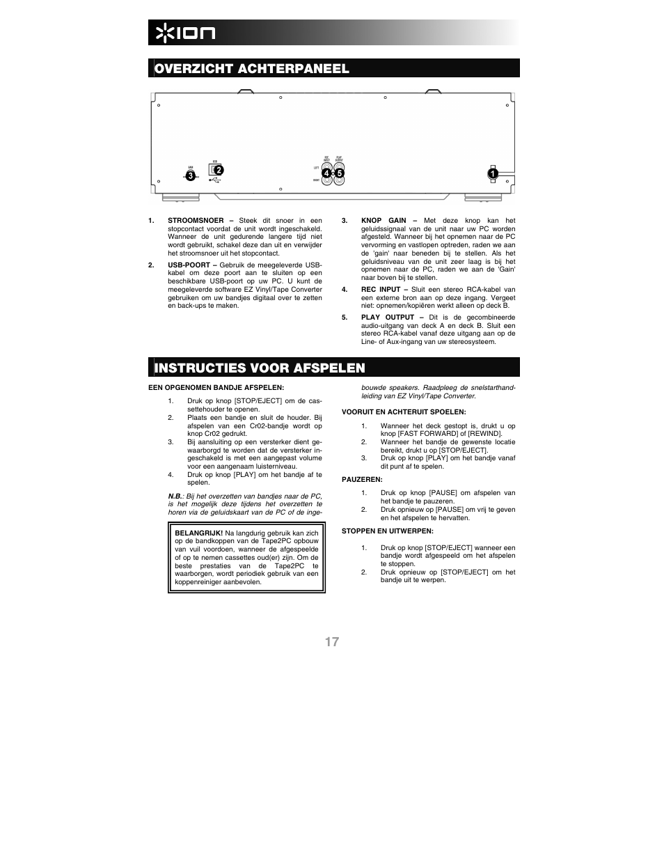 Overzicht achterpaneel, Instructies voor afspelen | ION Audio Tape 2 PC User Manual | Page 19 / 24