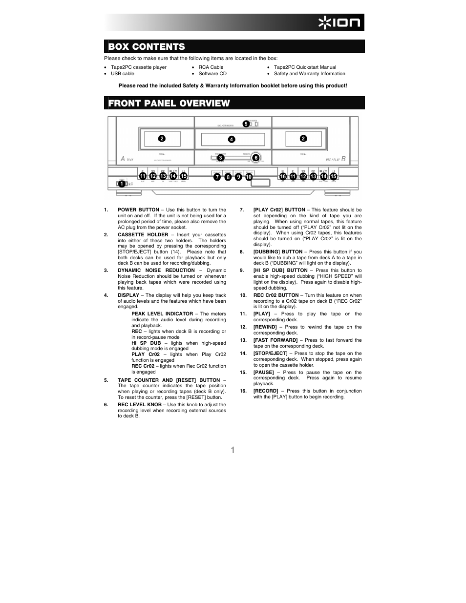 English, Box contents, Front panel overview | ION Audio Tape 2 PC User Manual | Page 3 / 24