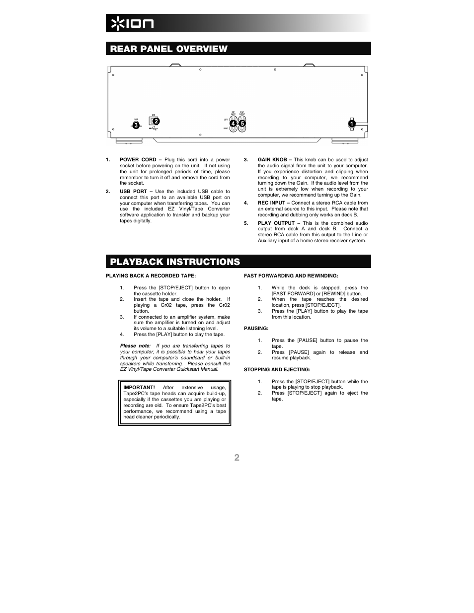 Rear panel overview, Playback instructions | ION Audio Tape 2 PC User Manual | Page 4 / 24