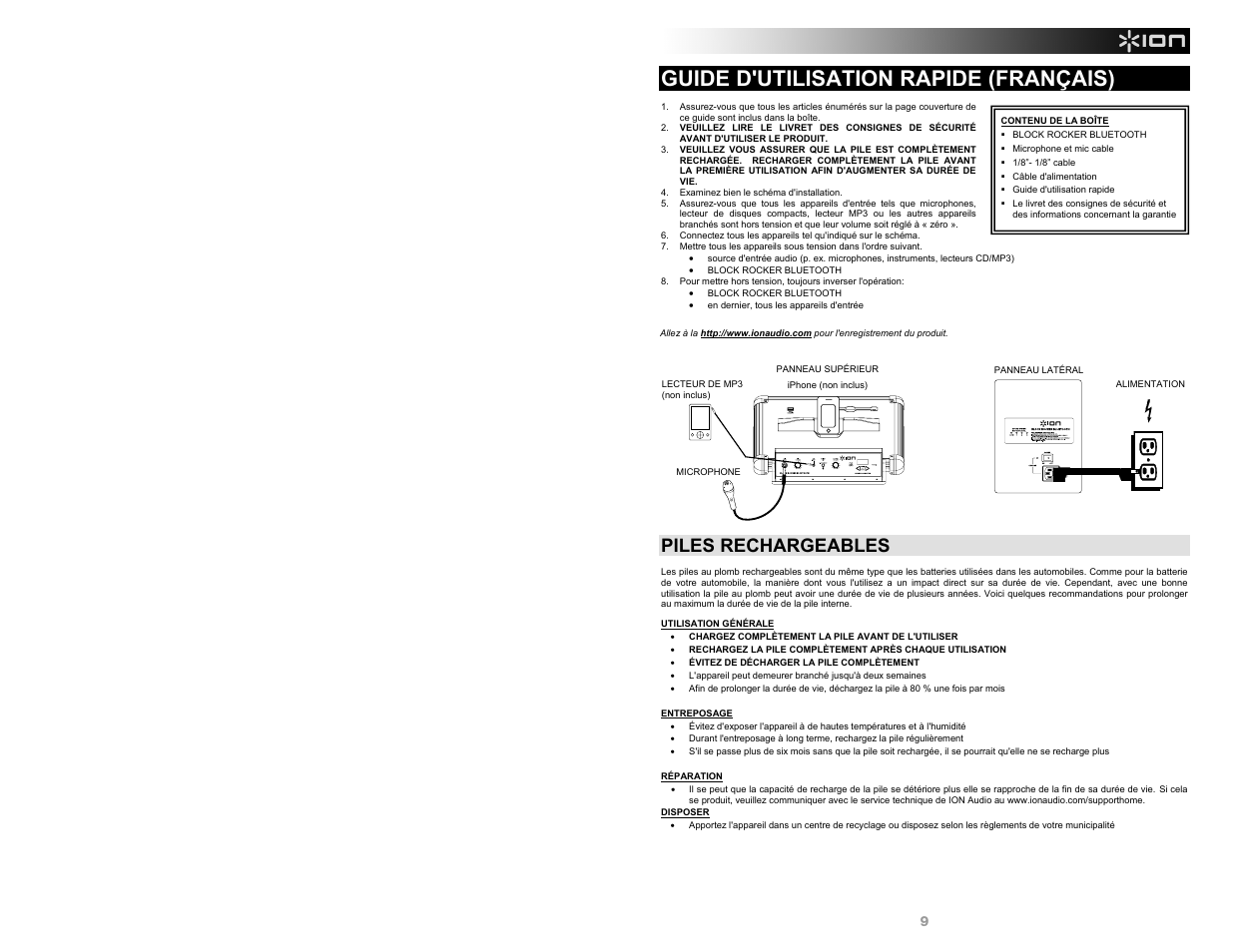 Guide d'utilisation rapide (français), Piles rechargeables | ION Audio Block Rocker Bluetooth - iPA56B User Manual | Page 9 / 28
