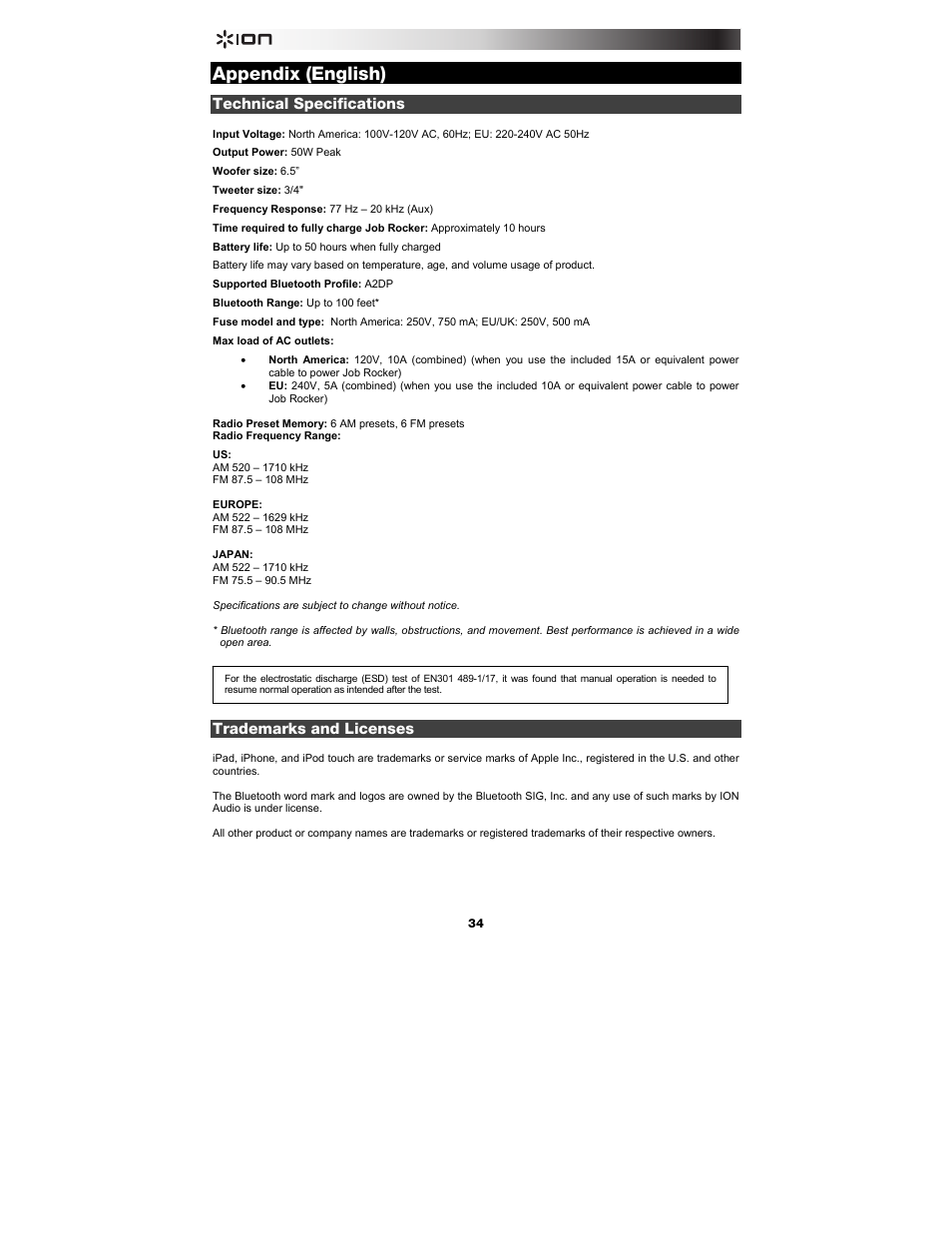 Appendix (english), Technical specifications, Trademarks and licenses | ION Audio Job Rocker User Manual | Page 34 / 36