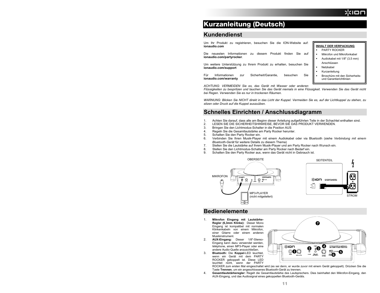 Kurzanleitung (deutsch), Kundendienst, Schnelles einrichten / anschlussdiagramm | Bedienelemente | ION Audio Party Rocker User Manual | Page 11 / 20