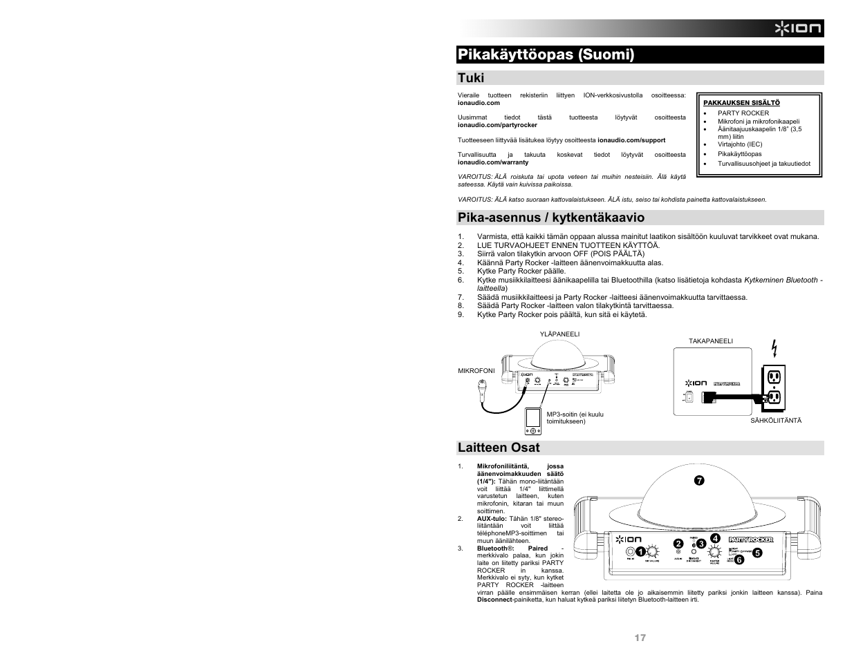 Pikakäyttöopas (suomi), Tuki, Pika-asennus / kytkentäkaavio | Laitteen osat | ION Audio Party Rocker User Manual | Page 17 / 20