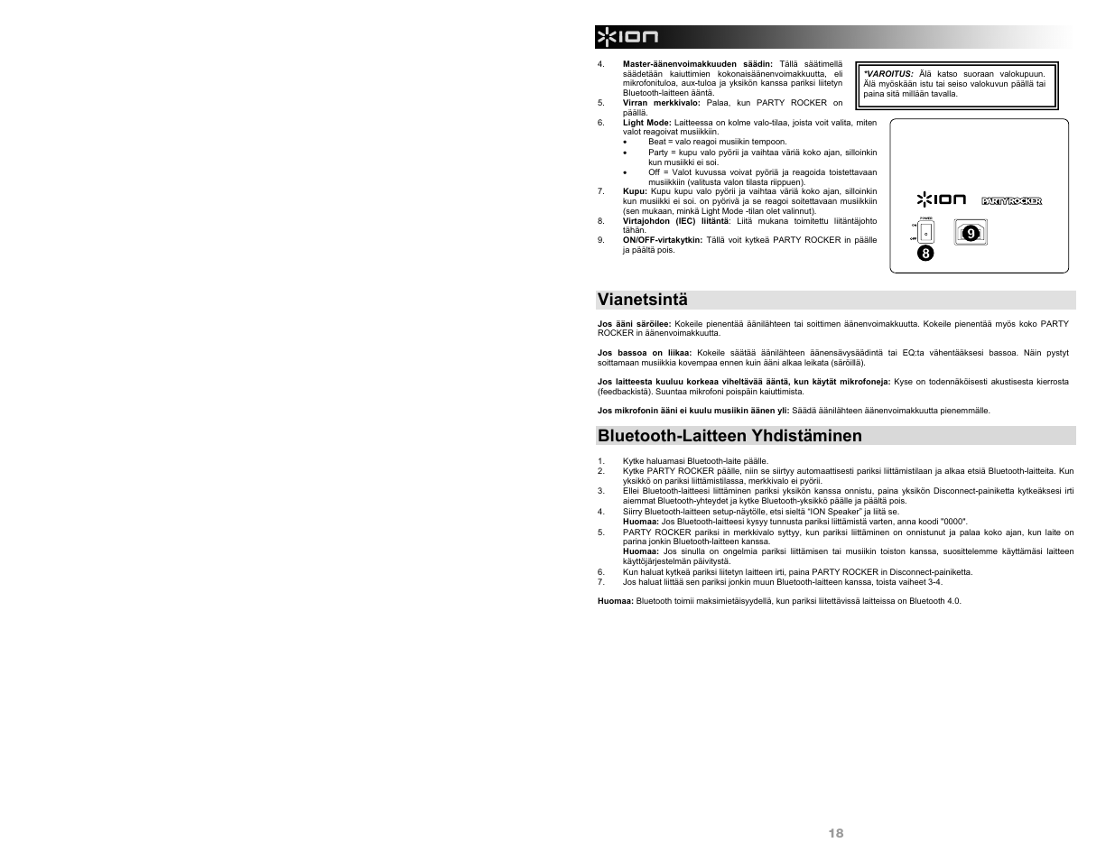 Vianetsintä, Bluetooth-laitteen yhdistäminen | ION Audio Party Rocker User Manual | Page 18 / 20