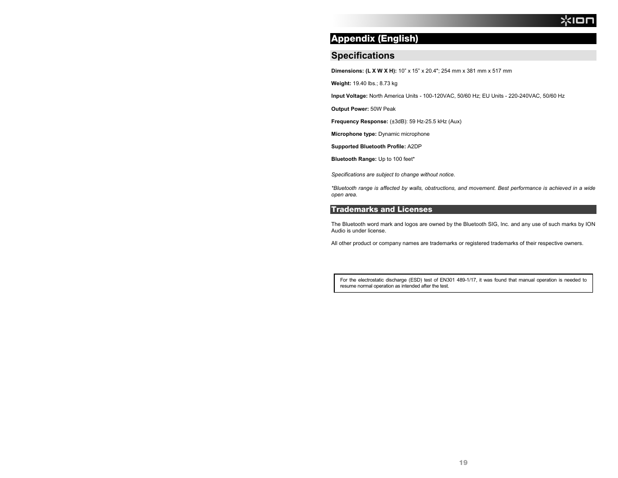 Appendix (english), Specifications | ION Audio Party Rocker User Manual | Page 19 / 20
