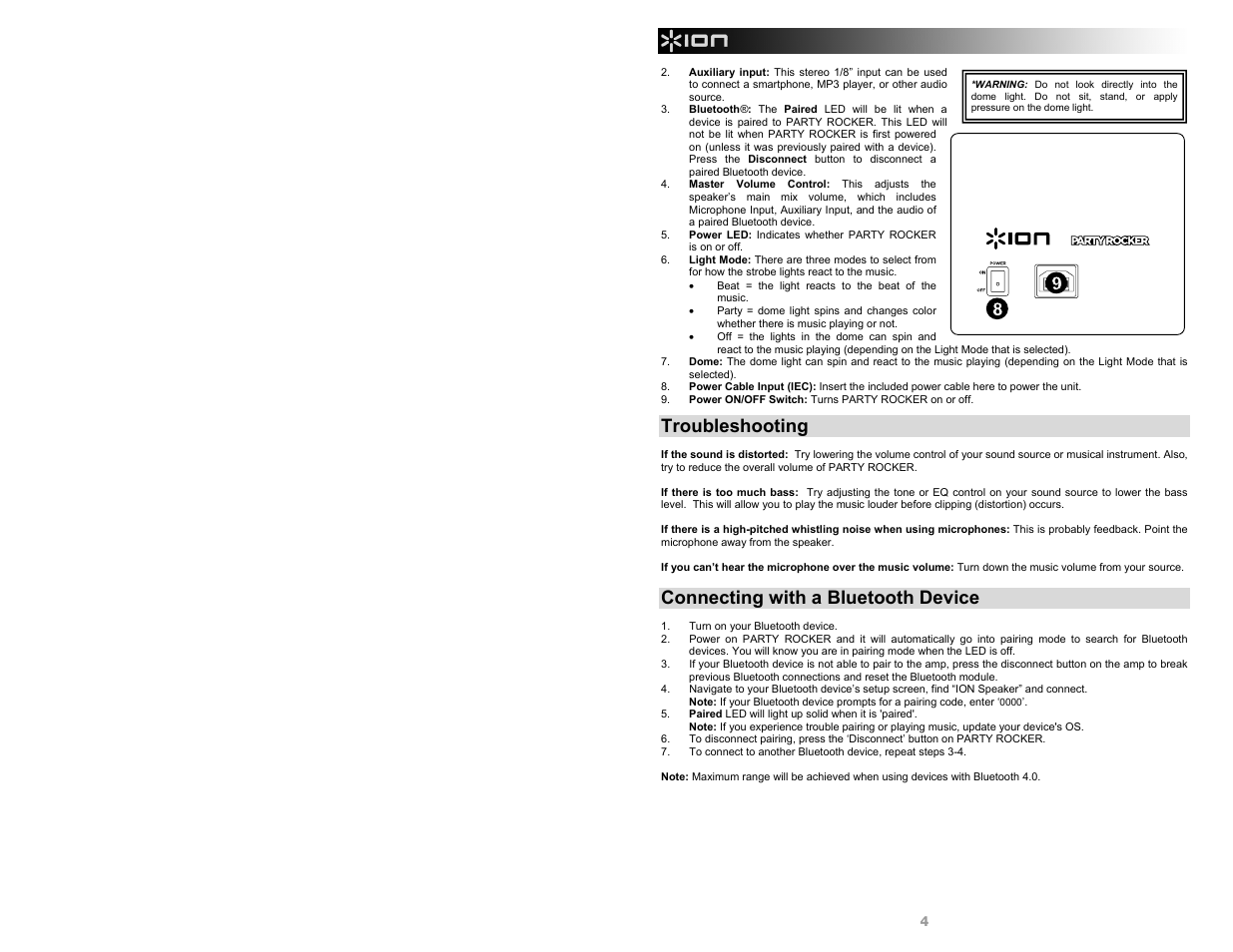 Troubleshooting, Connecting with a bluetooth device | ION Audio Party Rocker User Manual | Page 4 / 20