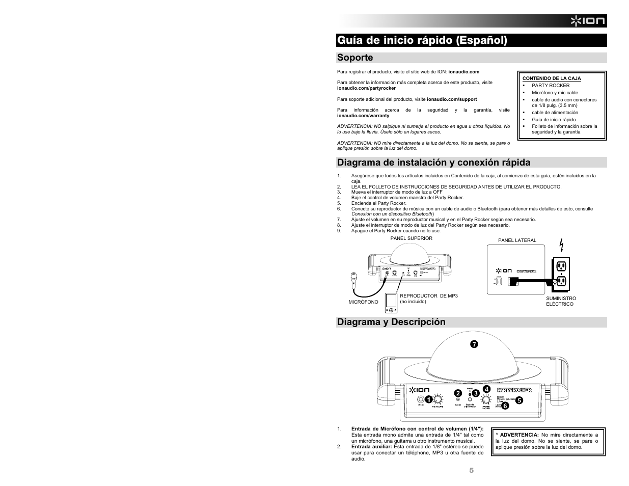Guía de inicio rápido (español), Soporte, Diagrama de instalación y conexión rápida | Diagrama y descripción | ION Audio Party Rocker User Manual | Page 5 / 20