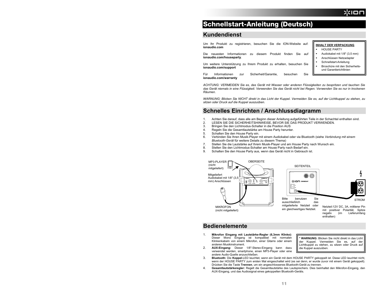 Schnellstart-anleitung (deutsch), Kundendienst, Schnelles einrichten / anschlussdiagramm | Bedienelemente | ION Audio House Party User Manual | Page 11 / 20