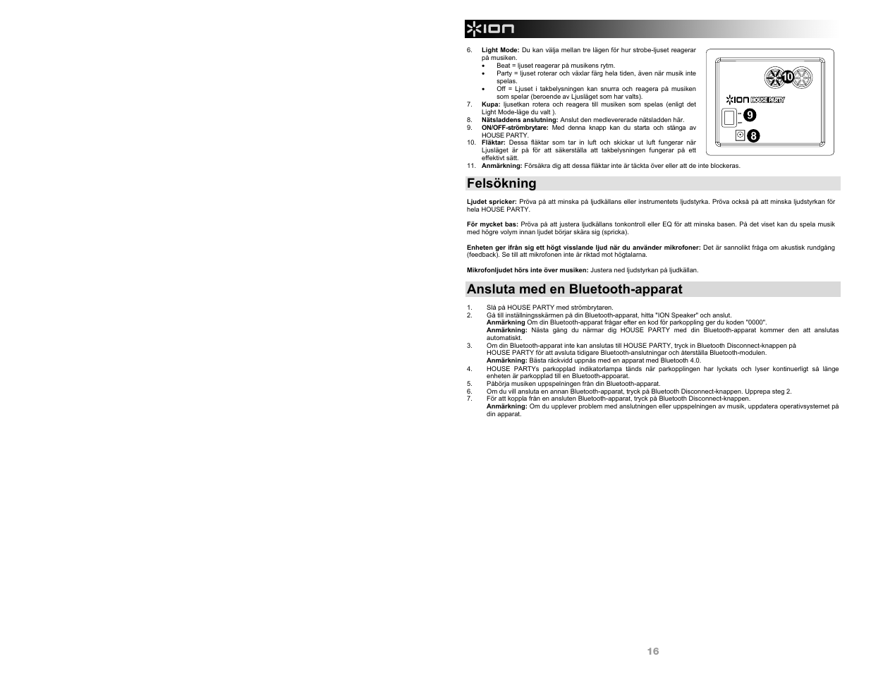 Felsökning, Ansluta med en bluetooth-apparat | ION Audio House Party User Manual | Page 16 / 20