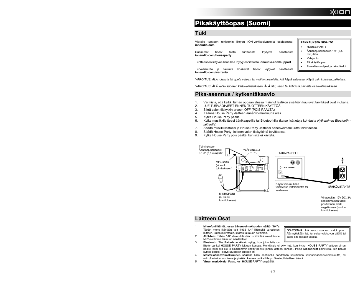 Pikakäyttöopas (suomi), Tuki, Pika-asennus / kytkentäkaavio | Laitteen osat | ION Audio House Party User Manual | Page 17 / 20