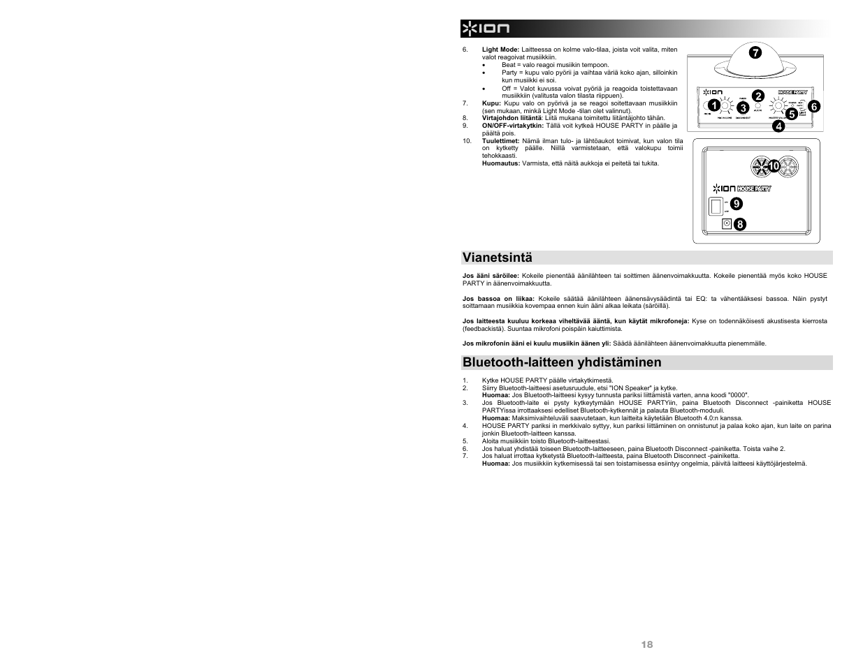 Vianetsintä, Bluetooth-laitteen yhdistäminen | ION Audio House Party User Manual | Page 18 / 20
