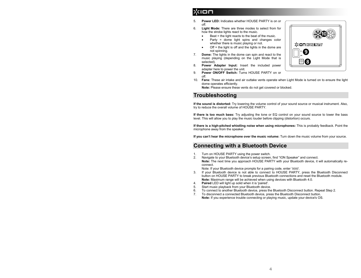 Troubleshooting, Connecting with a bluetooth device | ION Audio House Party User Manual | Page 4 / 20