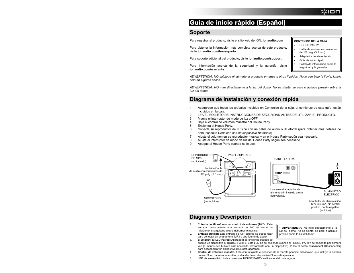 Guía de inicio rápido (español), Soporte, Diagrama de instalación y conexión rápida | Diagrama y descripción | ION Audio House Party User Manual | Page 5 / 20