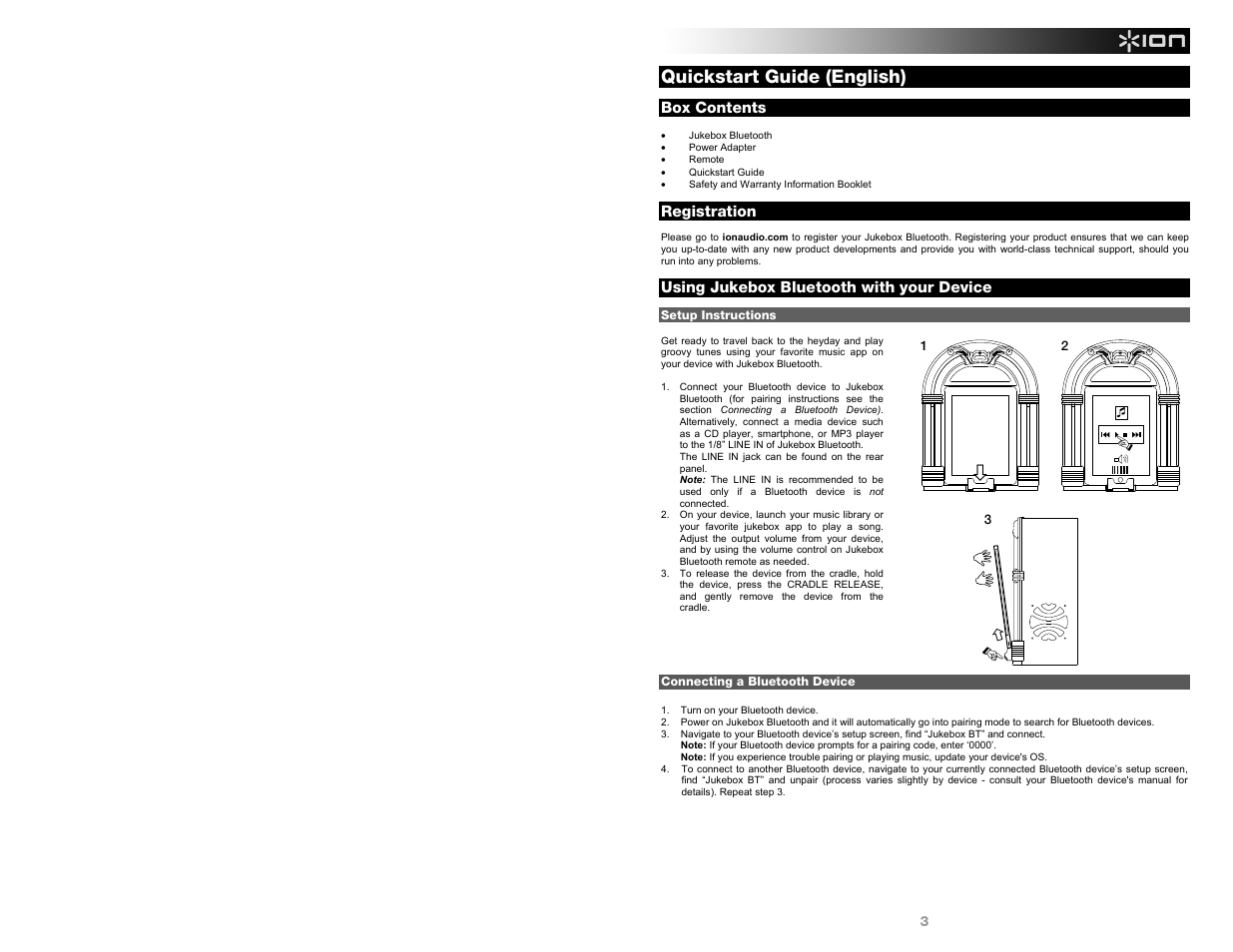 Quickstart guide (english), Box contents, Registration | Using jukebox bluetooth with your device | ION Audio Jukebox Bluetooth User Manual | Page 3 / 24