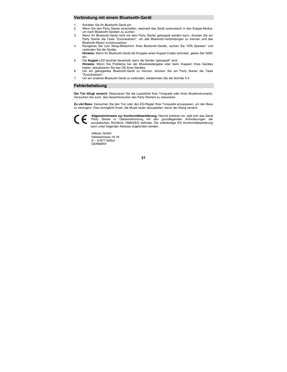Verbindung mit einem bluetooth-gerät, Fehlerbehebung | ION Audio Party Starter User Manual | Page 21 / 36
