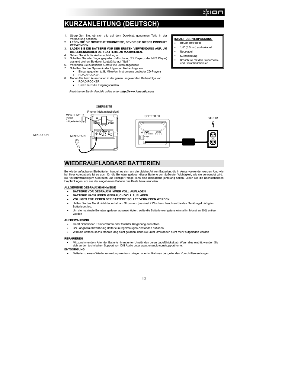 Kurzanleitung (deutsch), Wiederaufladbare batterien | ION Audio Road Rocker User Manual | Page 13 / 20