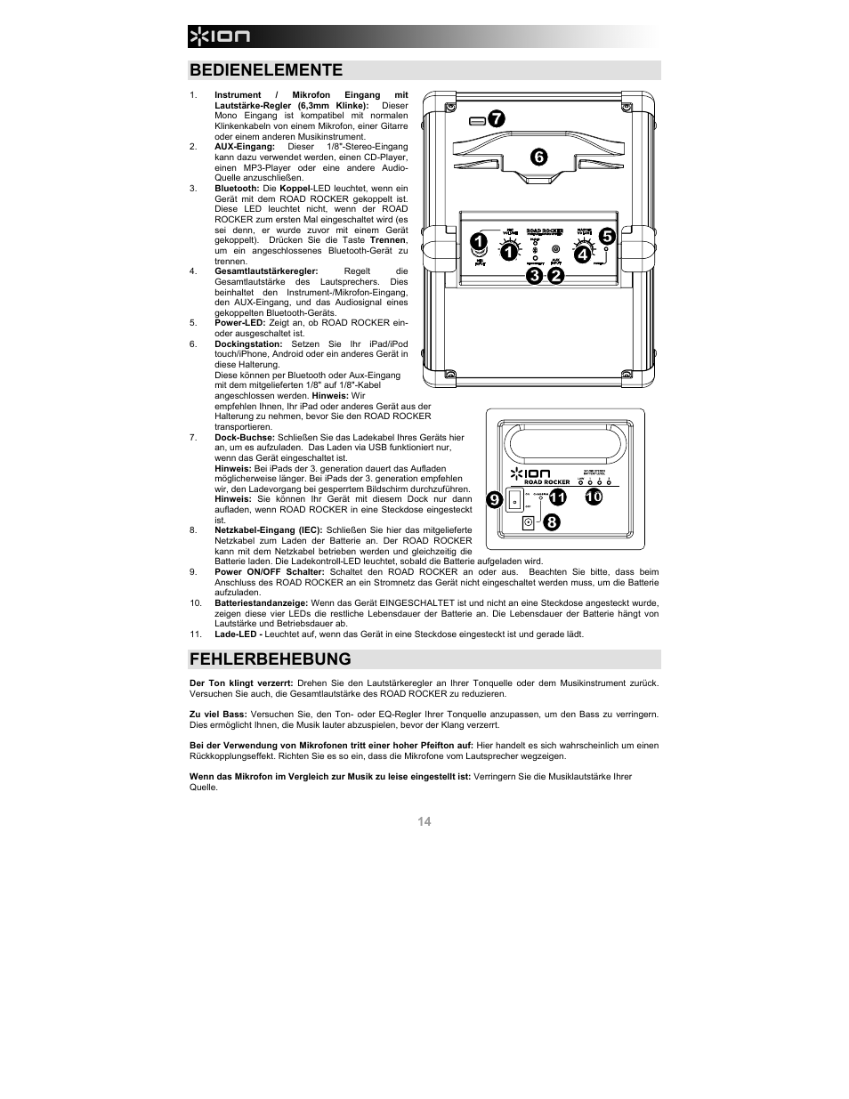 Bedienelemente, Fehlerbehebung | ION Audio Road Rocker User Manual | Page 14 / 20