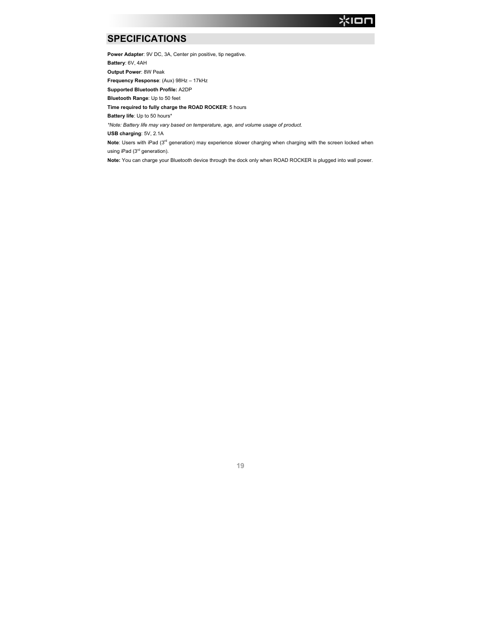 Specifications | ION Audio Road Rocker User Manual | Page 19 / 20
