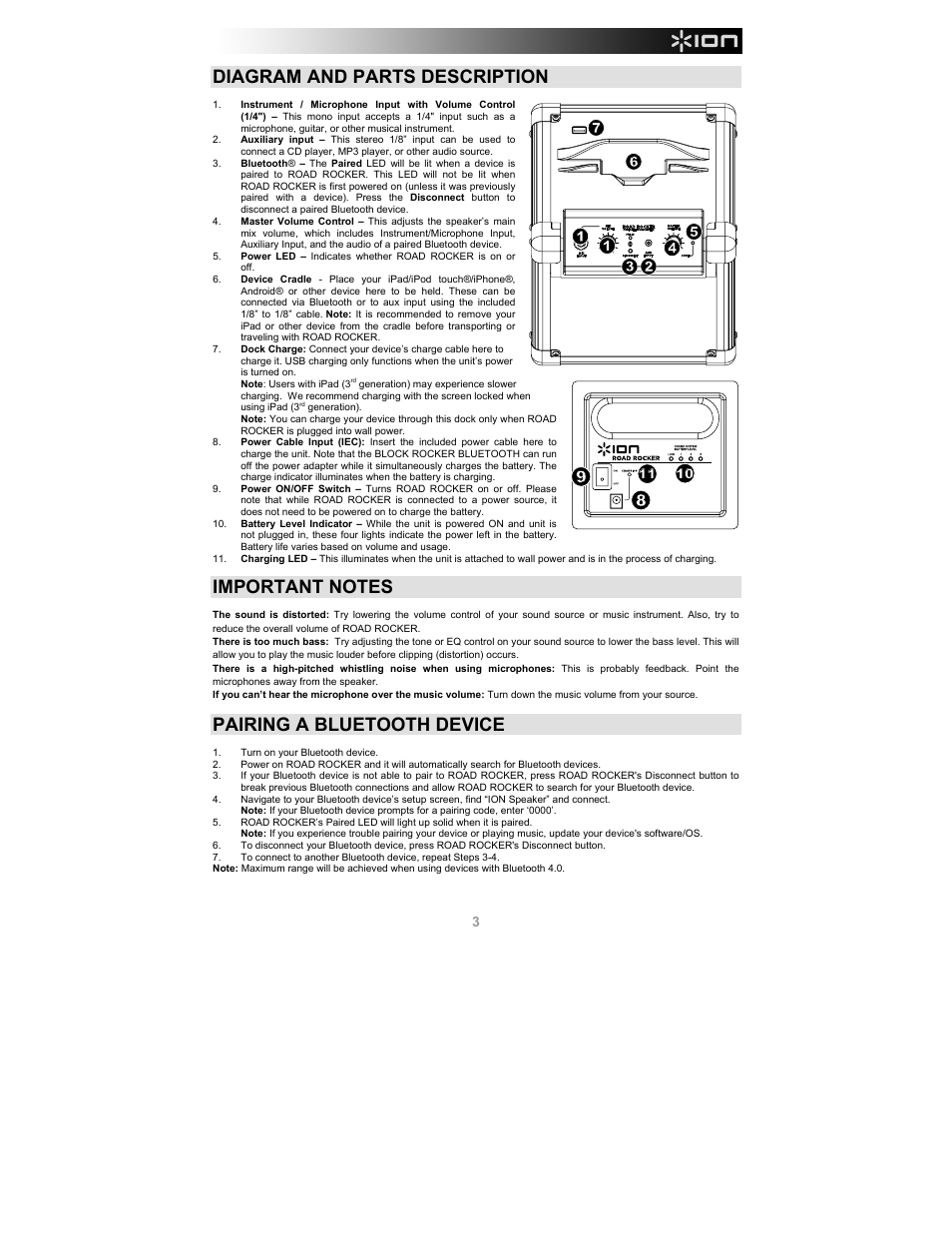 Diagram and parts description, Pairing a bluetooth device | ION Audio Road Rocker User Manual | Page 3 / 20