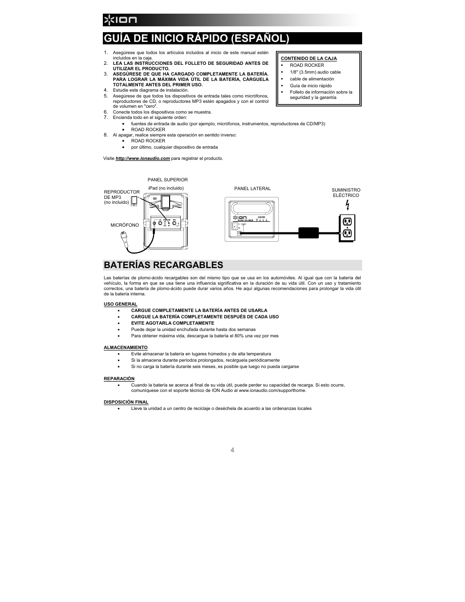Guía de inicio rápido (español), Baterías recargables | ION Audio Road Rocker User Manual | Page 4 / 20