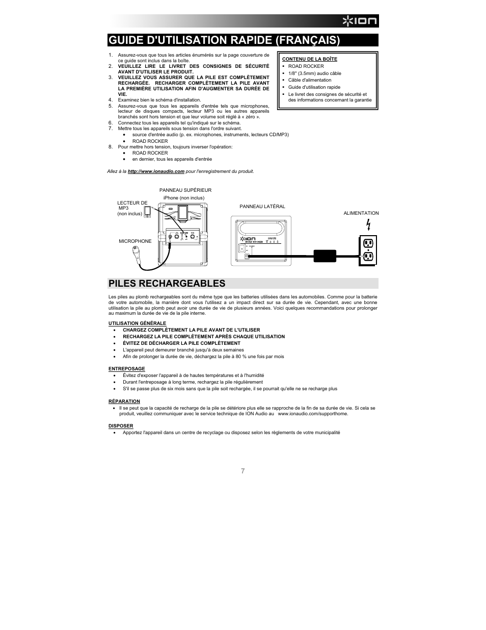 Guide d'utilisation rapide (français), Piles rechargeables | ION Audio Road Rocker User Manual | Page 7 / 20