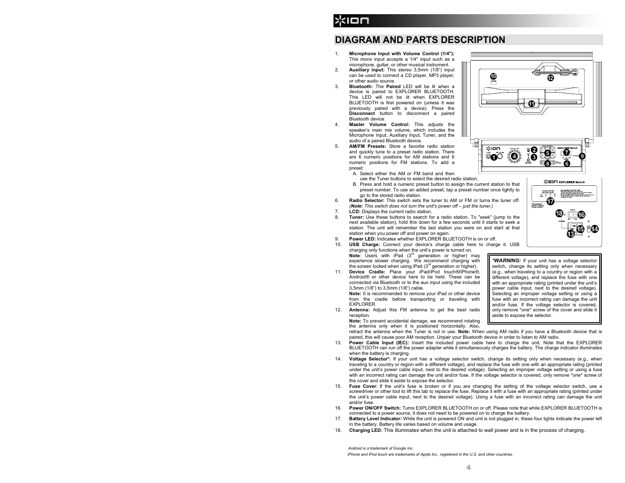 Diagram and parts description | ION Audio Explorer Bluetooth User Manual | Page 4 / 24