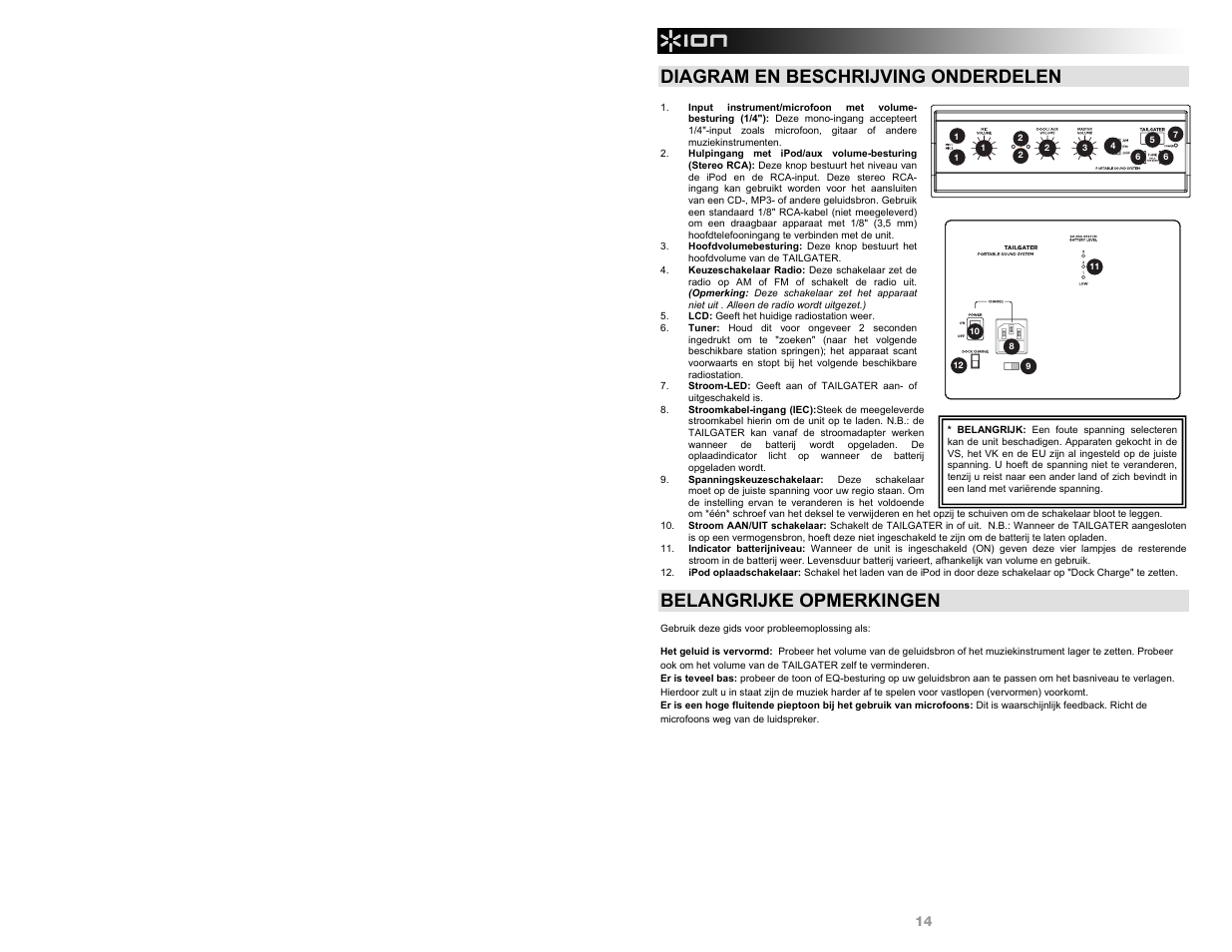 Diagram en beschrijving onderdelen, Belangrijke opmerkingen | ION Audio Tailgater AM/FM User Manual | Page 14 / 16