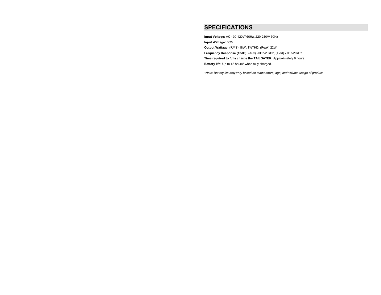 Specifications | ION Audio Tailgater AM/FM User Manual | Page 15 / 16