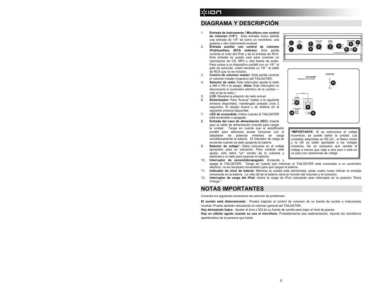 Diagrama y descripción, Notas importantes | ION Audio Tailgater AM/FM User Manual | Page 6 / 16