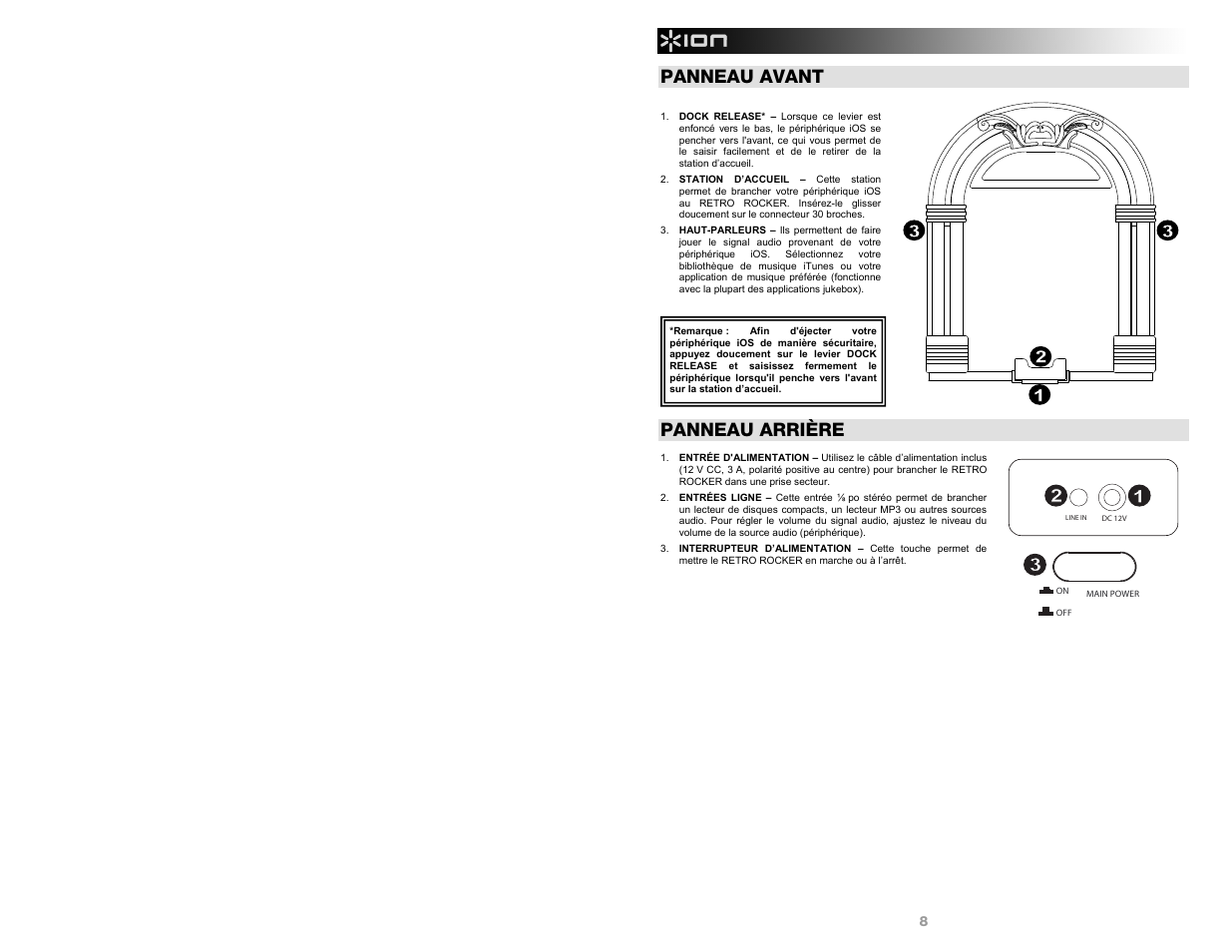 Panneau avant, Panneau arrière | ION Audio Retro Rocker User Manual | Page 8 / 16
